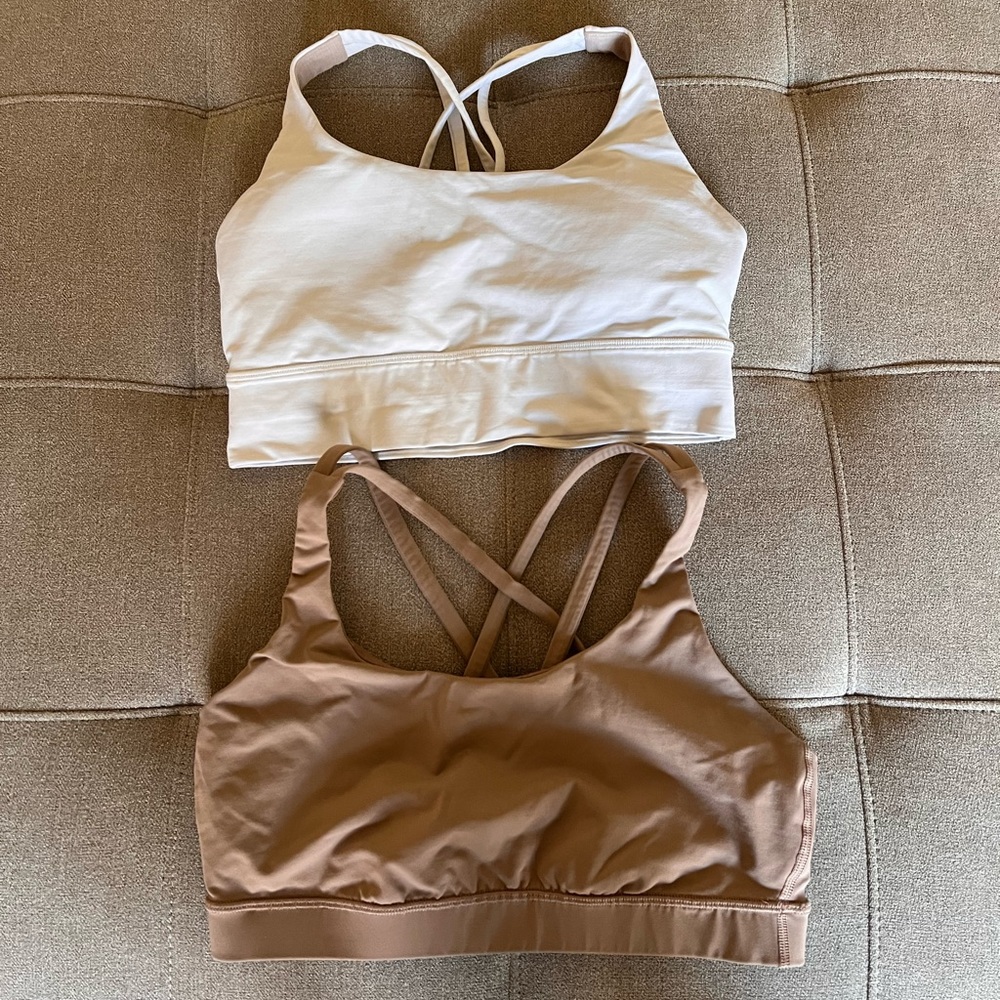 Two size 10 Lululemon Bras. White and tan. One longline.